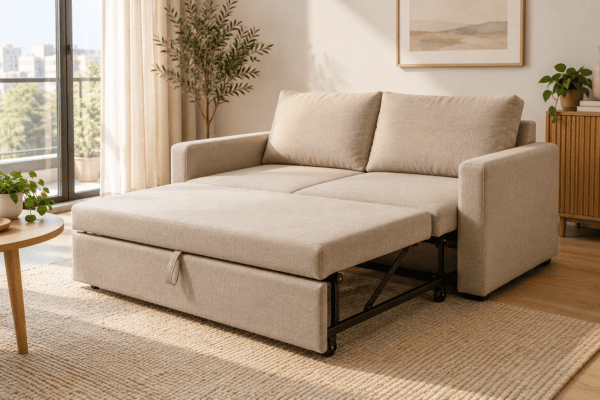 Ảnh minh họa sofa giường đang mở trong căn hộ nhỏ, không phải sản phẩm thực tế của cửa hàng